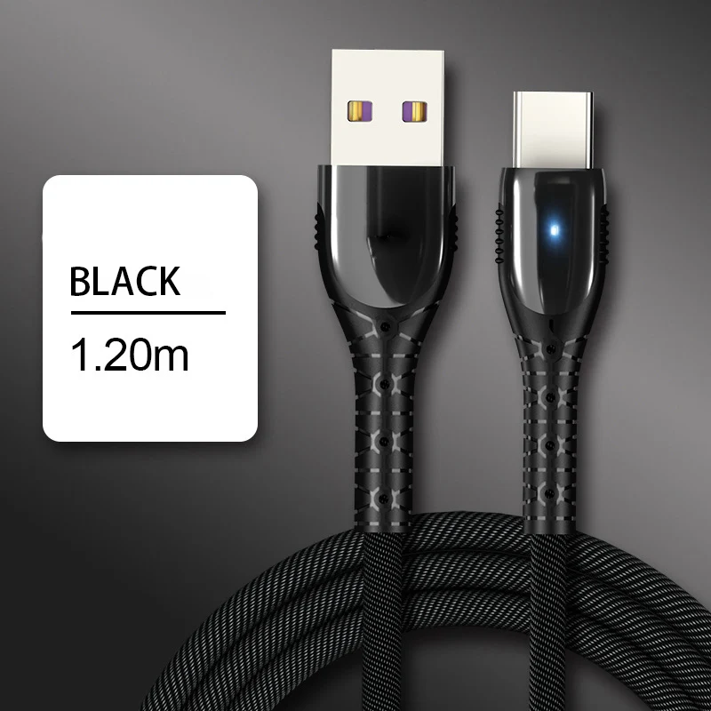Светодиодный светильник TYPE-C 5А кабель для huawei QC3.0 usb c кабель супер быстрая зарядка линия передачи данных 1,2 м - Цвет: black