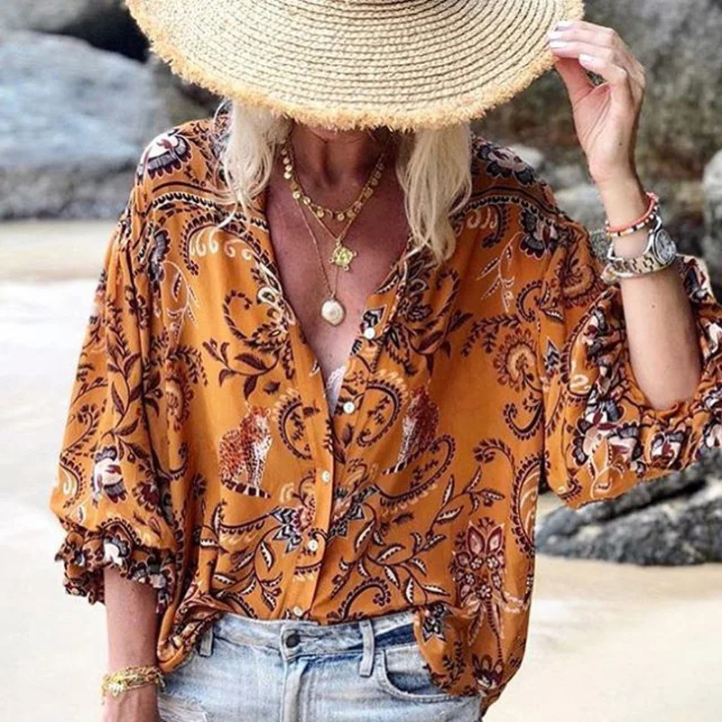 

Beach Pareo De Plage Outings For Women Beachwear Summer Dresses Cover-Ups Woman Ruffle Long Sleeve Pop Up Shirt Print Loose