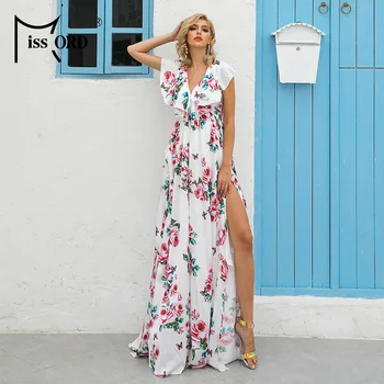 

Missord 2020 Summer Deep V Neck Floral Print Ruffles Women Maxi Dresses High Split Sleeveless Women Holiday Dresses FT18514