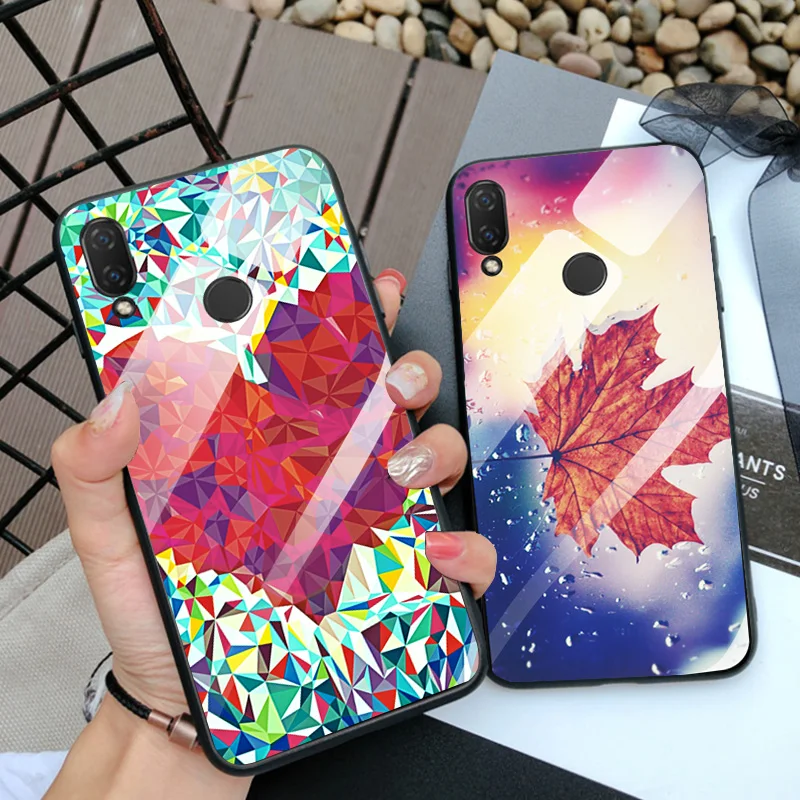 

Tempered Glass Phone Case For Huawei Honor Play Back Cover Woderful Flower For Huawei Honor Play 6.3" Phone Shell Bags