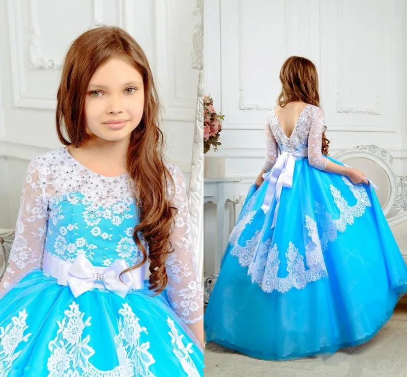New Puffy Kids Prom Dress with White Lace Appliques Crystals 3/4 Long Sleeves Backless Customied Flower Girl For Wedding | Детская