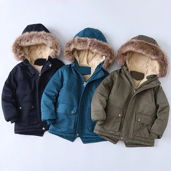 

Children's Wear Hooded Cotton Padded Clothes for Boys with Plush Thickened Cotton Boys Medium Length Plush Waist Cotton Jacket