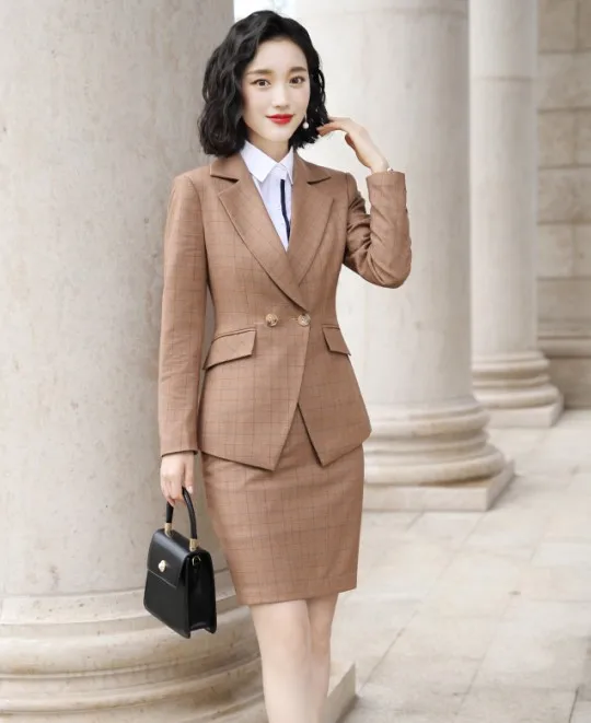 Yellow coat skirt Бизнес клетчатые брюки костюмы для женщин Мода длинный рукав формальный тонкий Блейзер и брюки офисная Дамская Рабочая одежда - Цвет: Yellow coat skirt