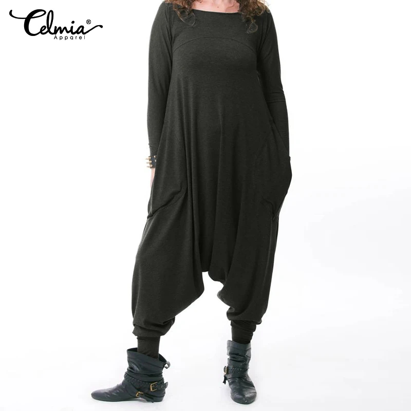 

Vintage Drop Crotch Jumpsuits 2019 Celmia Women Long Sleeve Harem Pants Casual Playsuits Loose Rompers Plus Size Overalls Femme