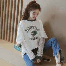 Длинный кружевной рукав рубашки женские топы весна новые женские шикарный принт модного цвета буквы кружева рукава o-образным вырезом футболки