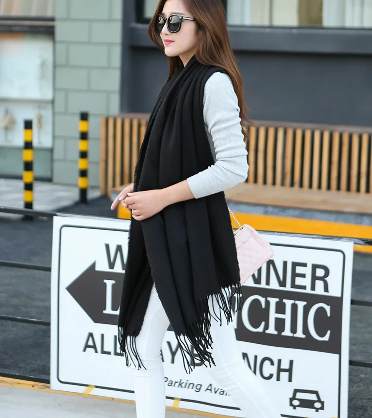 Autumn and winter Korean version of oversized solid color fringed cashmere scarf retro burgundy warm shawl women | Аксессуары для