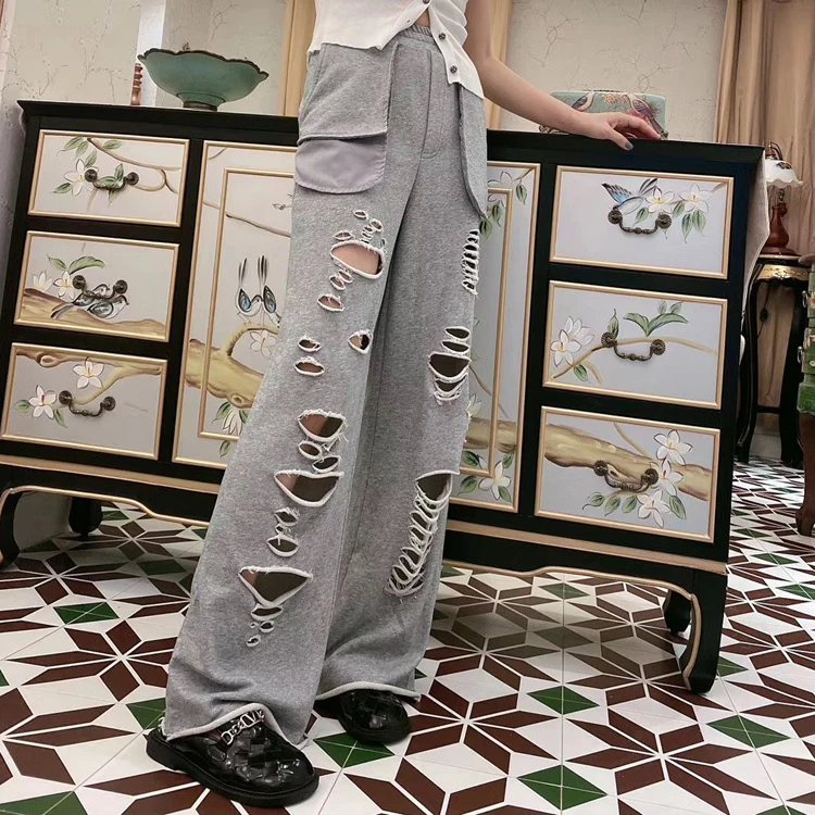 Vefadisa 6 Style Women Holes Wide Leg Pants 2020 Summer Women High Waist Straight Pants Female Plus Size Slim Pants ZQY242B