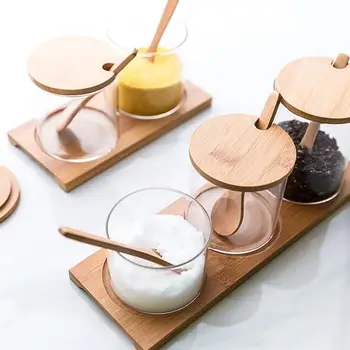 

3pcs Glass Sealed Jar With Spoon Set Glass Seasoning Jar Kit Bamboo Wood Lid Kitchen Seasoning Box For Home Dining Room Use