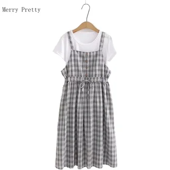 

Women Sets Sling Women Plaid Strap Dress Suit And White Short Sleeve Cotton T Shirts Preppy Style Female Chic 2 Pieces Outfits