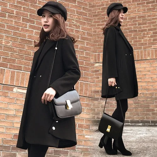 

Woolen Jacket Women's Mid-length 2018 Winter New Style South Korea Woolen Cloth Black And White with Pattern CHIC plus Thick Cot
