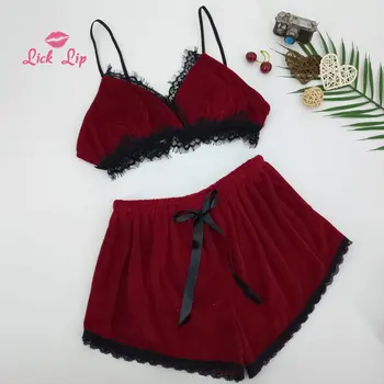 

Lick Lip Two Models Three-point Split Pijamas Set Women Satin Lace Edge Sling Sleepwear Sexy Lovely Hollow Home Suit SWD17374-30