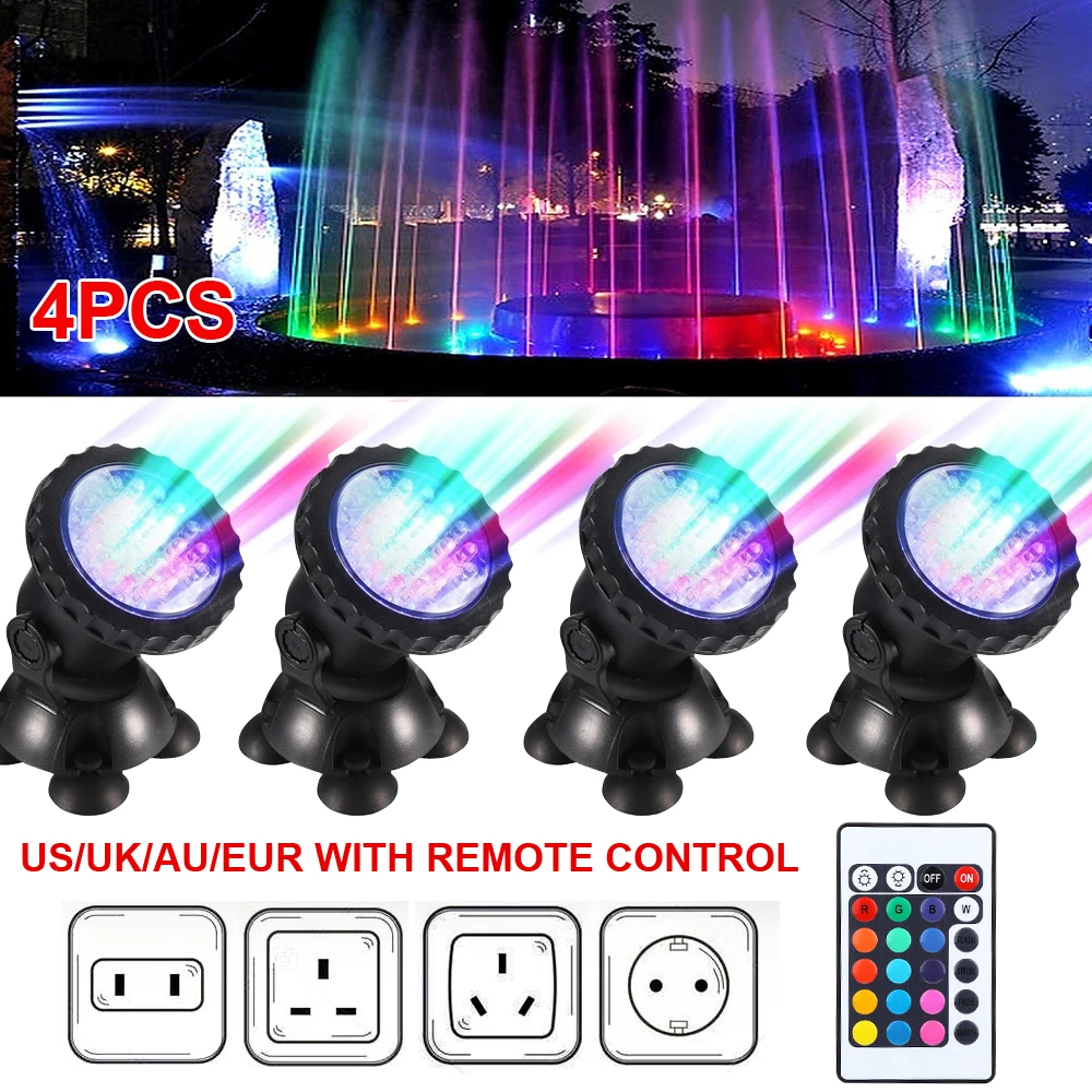 

Remote Control LED Aquarium Light 1 Set 4 Lights US/UK/EU/AU RGB 144LEDs Fish Tank Underwater Spot Light IP68 Waterproof D20