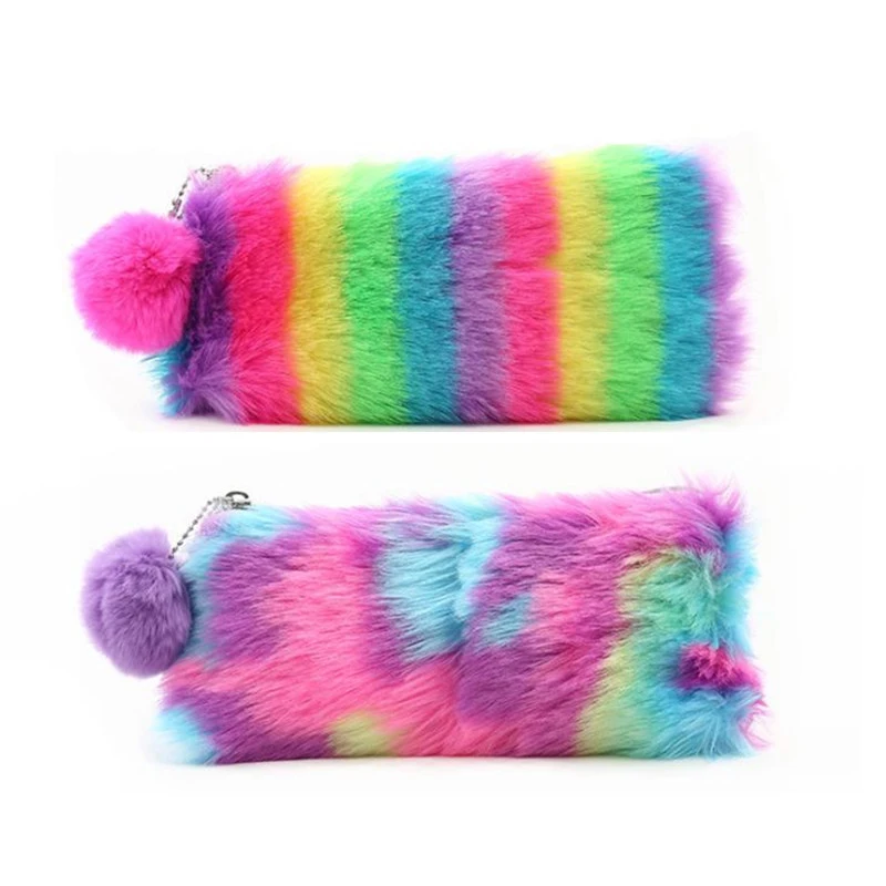 

Rainbow Plush Ball Pencil Case For Girls School Pencil Cases Stationery Pencilcase Cute Big Pencil Bag Box School Supplies Tools