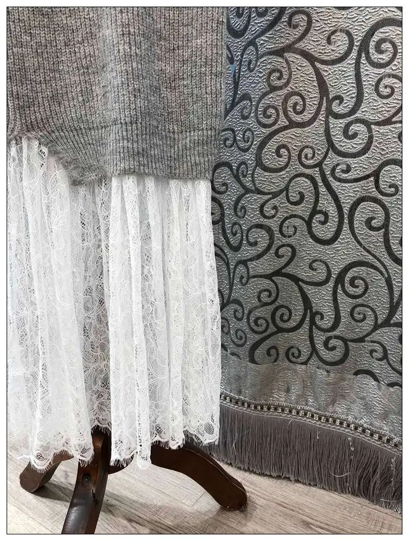 Knitted Dress 2020 Autumn Winter Casual Knitwear Women White Lace Patchwork Long Sleeve Ankle Length Long Sweater Dress Pullover