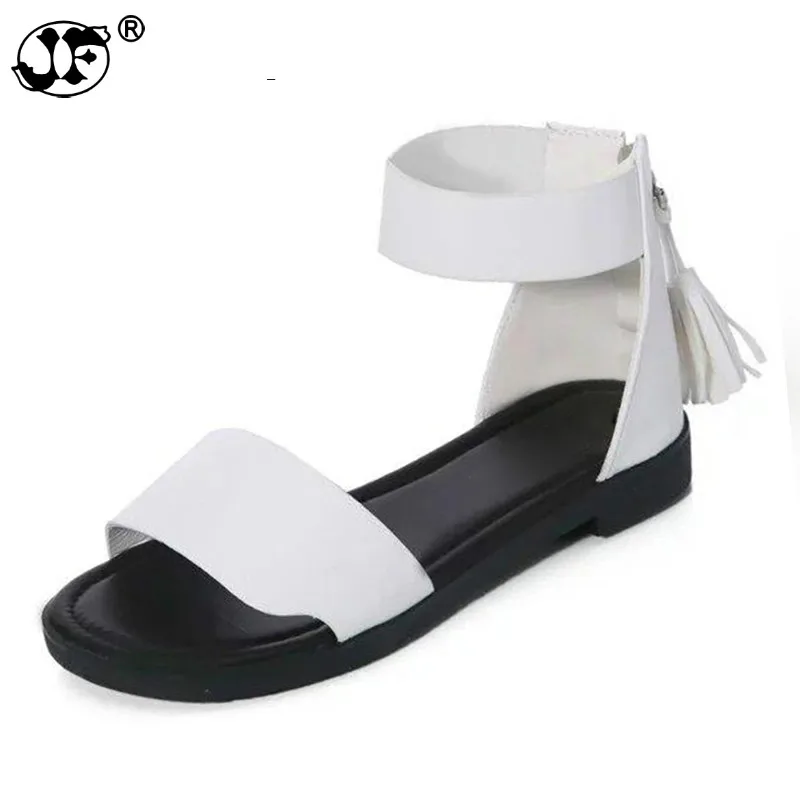 

women shoes 2019 summer fringed style flat heel soft leather casual ladies fashion Ankle Strap beach sandals 885