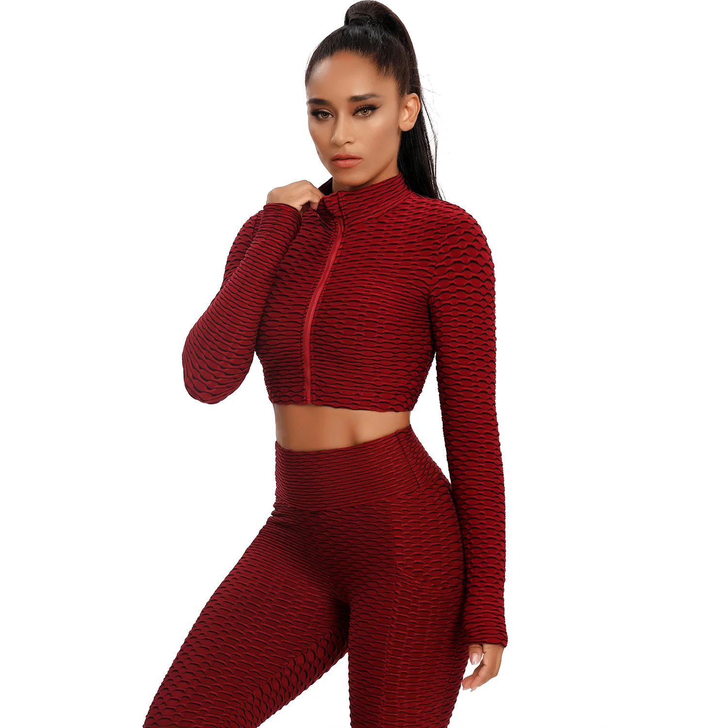 Women's Fitness Set Textured Long Sleeves Zipper Sports Crop Shirts Hip-up Leggings 2 Pcs Running Gym Sets Women's Tracksuits plus size suits for women Suits & Blazers