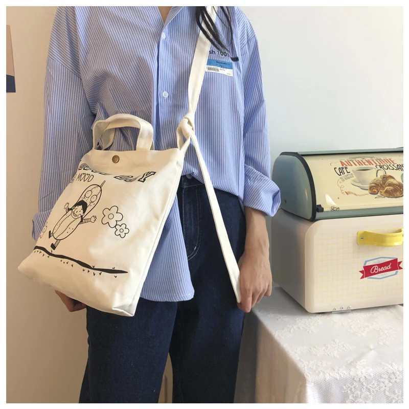 Women Canvas White Cartoon Pattern Ladies Casual Shoulder Bag Foldable Fashion Students Female Simple Bag