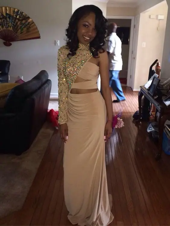 

One Long Sleeve Evening Dress Champagne Formal Dress Women Elegant Plus Size Evening Dress Party Long Dress 2020