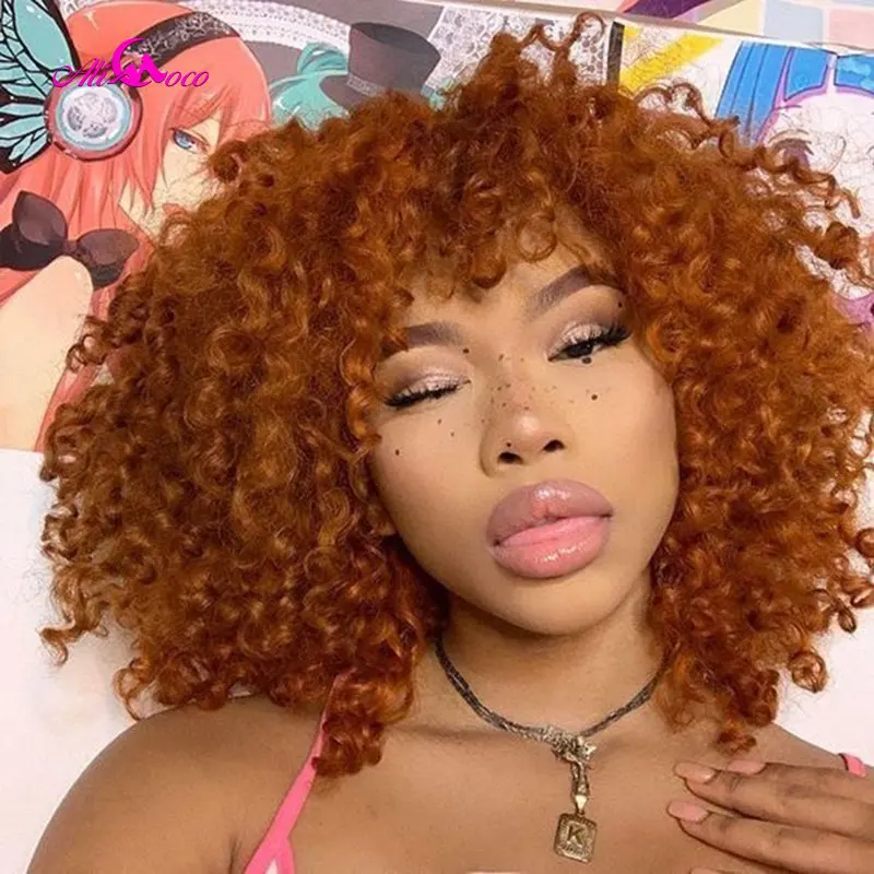 Afro Kinky Curly Wig Orange Ginger Colored Wavy Human Hair Wigs For Women Honey Blonde Bob Wig With Bang Full Machine Made Wigs