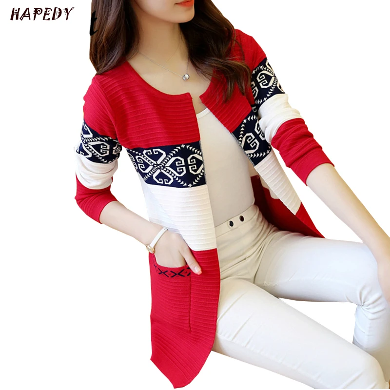 

Women Cardigans Vintage Print Women Spring Autumn Medium-long Cardigan 2020 New Female Fashion Pocket Knitted Outerwear Sweater
