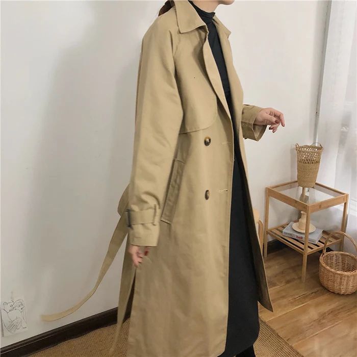 ZURICHOUSE Тренч цвета хаки женское длинное модное двубортное пальто с разрезом и поясом Верхняя одежда свободное повседневное весеннее Женское пальто
