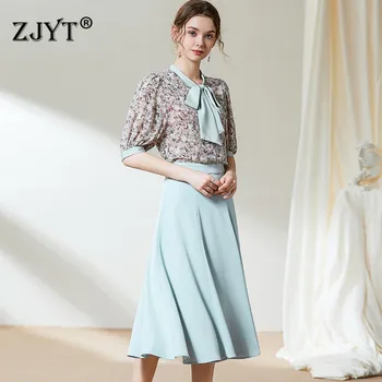 

Fashion 2020 Summer 2Piece Set Women Elegant Lady Office Outfits Bow Collar Floral Print Chiffon Blouse and Skirt Matching Sets