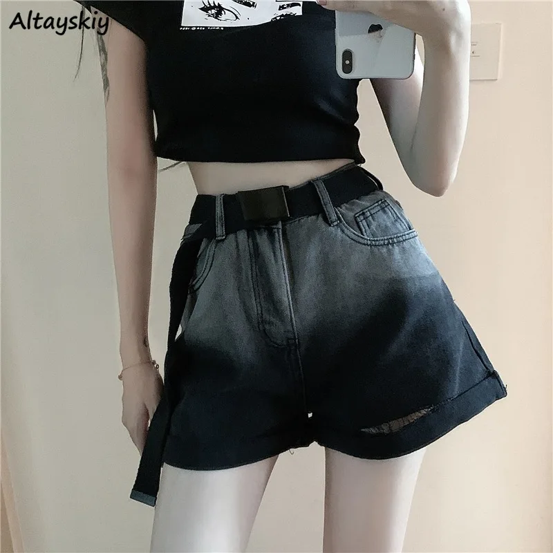 

Denim Shorts Women Summer Harajuku Gradient High Waist Vintage Ripped Hole Cool Girls Sexy Wide Leg Trousers Panelled Punk Style