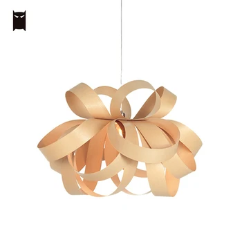 

40/50/60cm Oak Cherry Walnut Wood Flower Belt Pendant Light Fixture Art Nordic Scandinavian Hanging Lamp Luminaire Dining Room