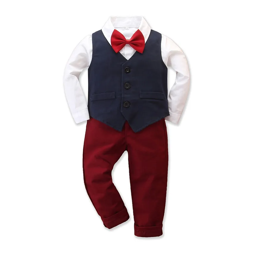 

Kids Clothes Casual Vest Suit For A Boy Suit Formal Autumn Long-Sleeved White Shirt With Red Bow Baby Dress Boy 3-7 Years