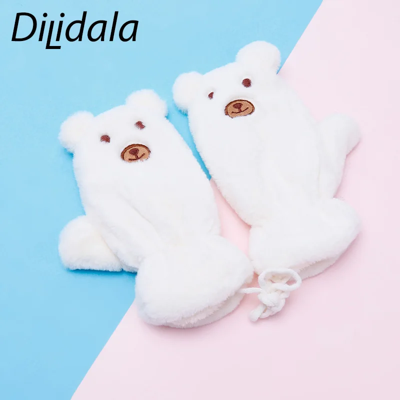 

Dilidala Winter Cartoon Bear Child Gloves Thick Plush Warmth Even Finger Outdoor Cute Hanging Neck Imitation Rabbit Fur Gloves