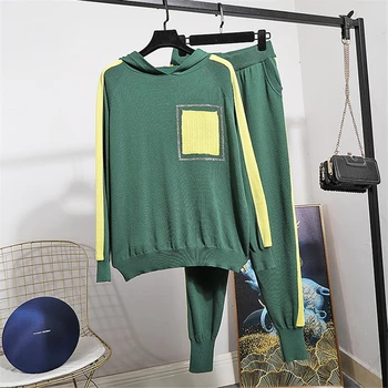 

Fashion Ice silk Women Set 2020 Spring Hooded Knitted Hit color Long sleeve Tracksuit Women Tops + Pants Two Piece Set Tide H003