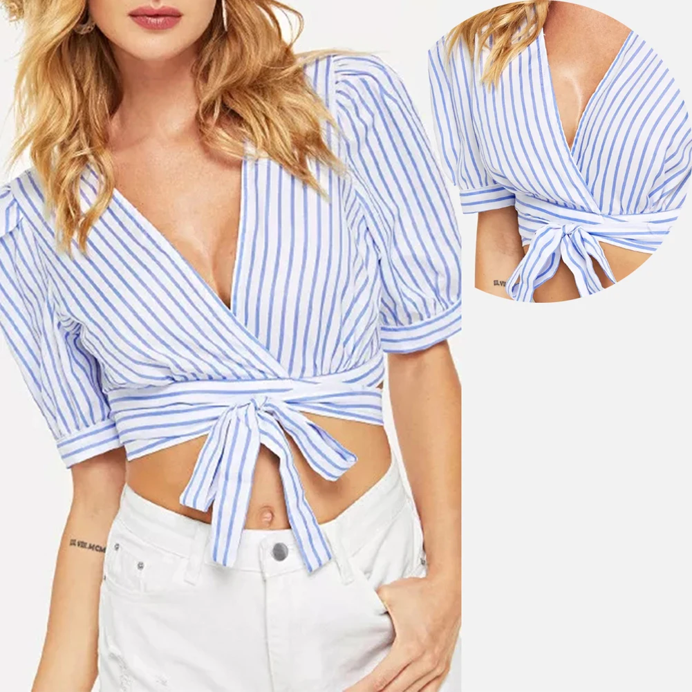 Укороченный топ с v-образным вырезом Slim Fit в тонкую полоску с коротким рукавом женские Топы Блузка Повседневная праздничная