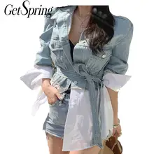 Getвесенняя женская джинсовая куртка, джинсовое пальто с длинным рукавом на шнуровке, Женская Лоскутная имитация двух женских джинсовых курток, женские топы, осень