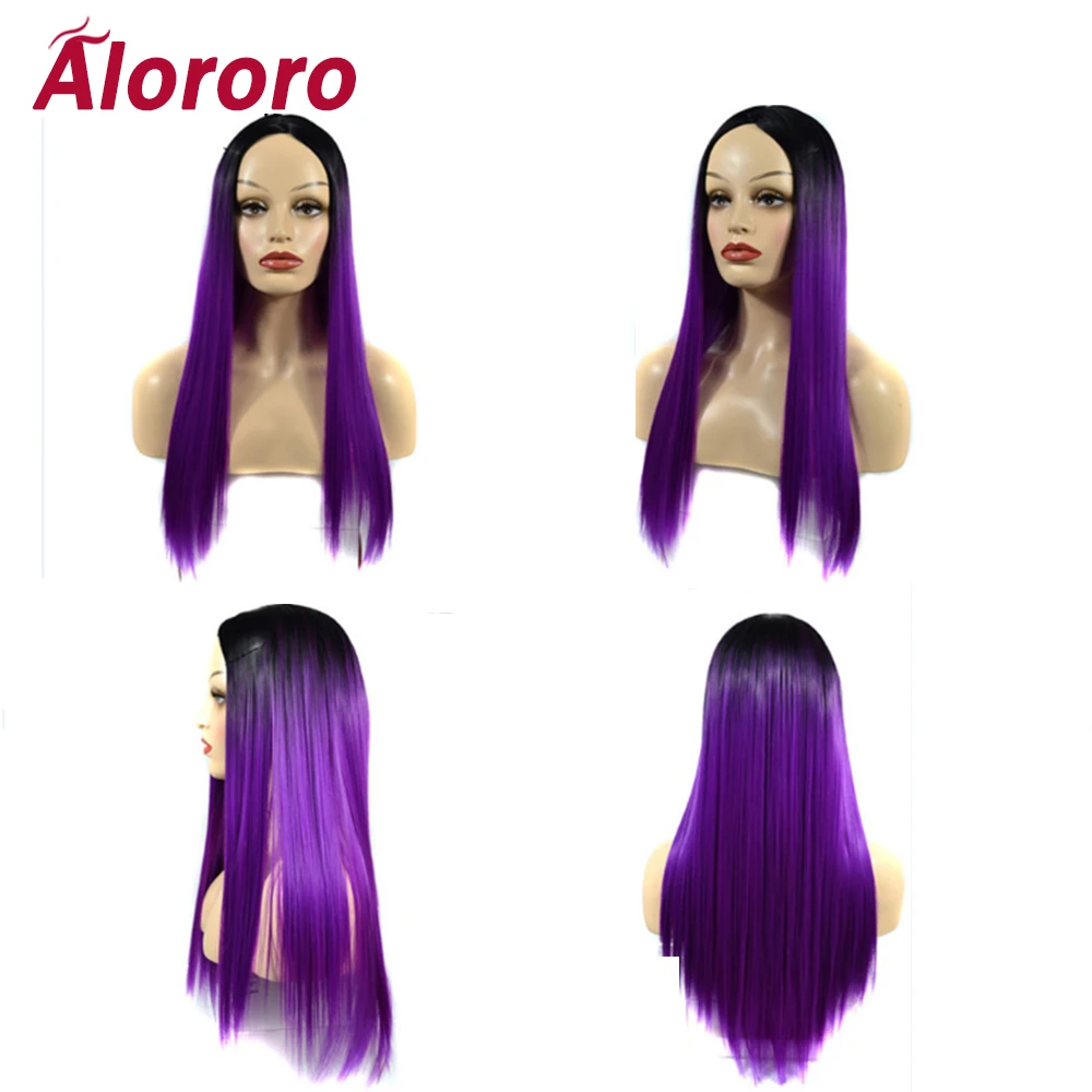 Alororo женские Ombre прямые длинные парики 24 дюйма черный фиолетовый коричневый