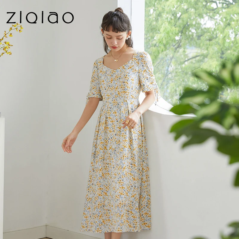 

ZIQIAO Casual Dress2021 Summer Clothing Women French Retro Style Skirt Waist Slim Floral Skirt Gentle Style Long Summer Dress