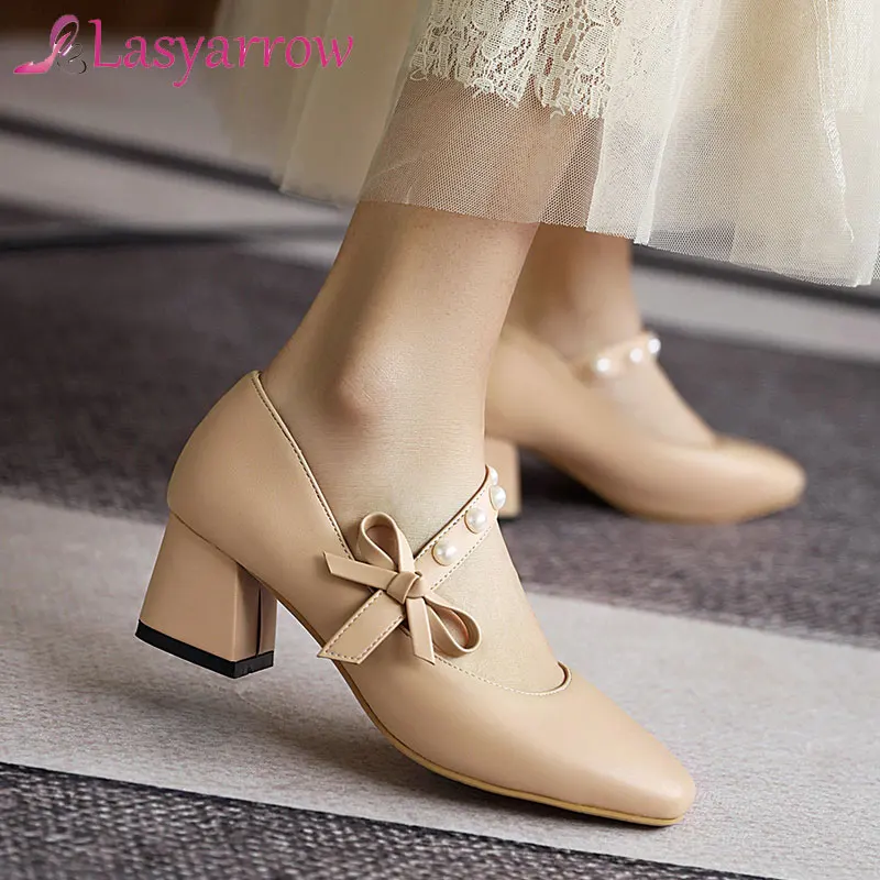 

Lasyarrow 2021 Big Size 33-48 Women Pumps Thick Heels Square Toe Ladies Shoes Fashion Pu Leather Spring Summer Single Shoes