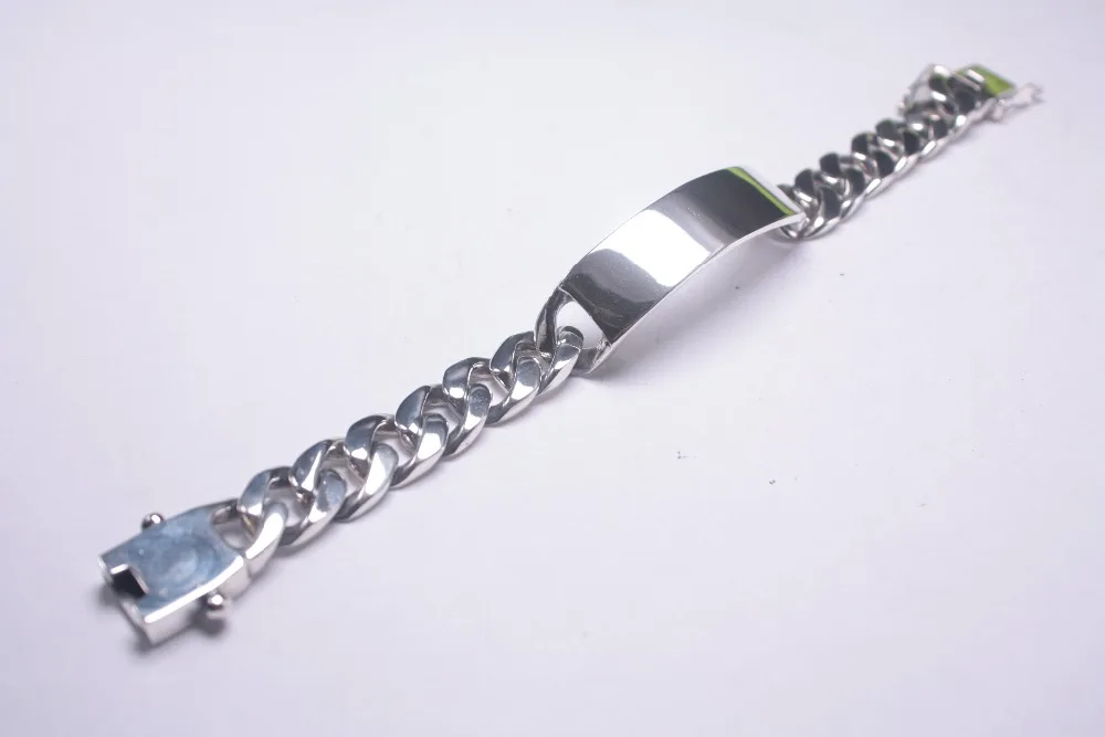 Real S925 Silver Bracelet Women Man's Curb Link 13mm Smooth Rectangle Men's Bracelet 19cm/7.5''L