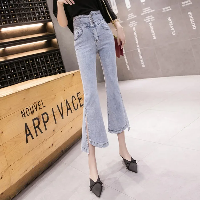 

High Waist Slim Jeans Women's Tide 2020 Summer New Korean Version of Wide Loosened Fork Flared Jeans Women