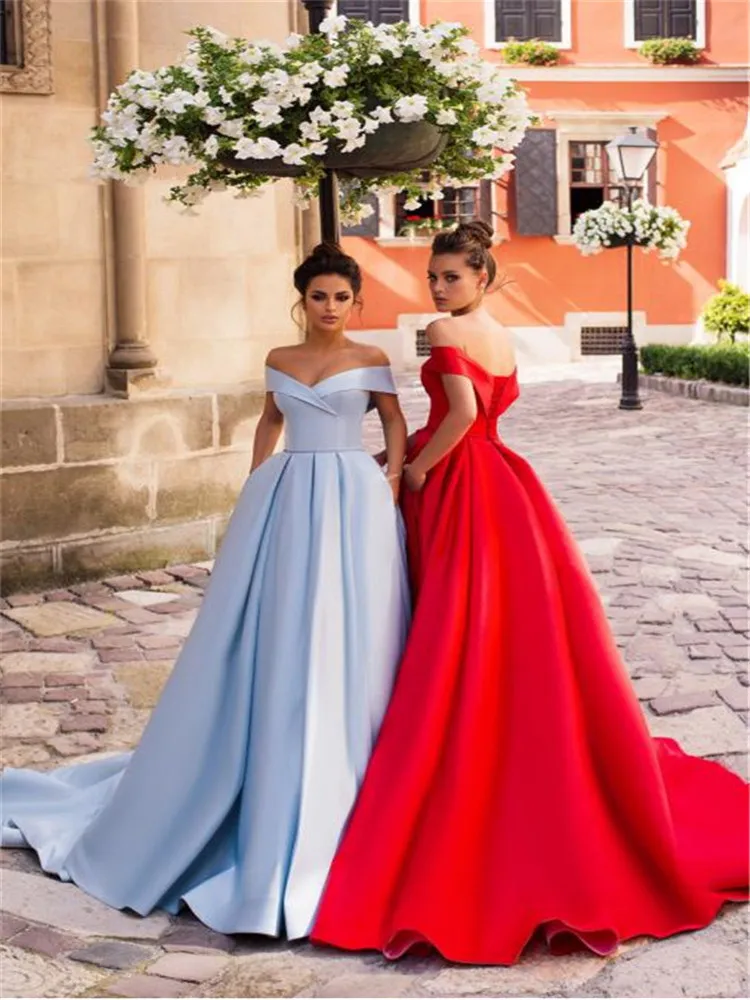 gold prom dress 2020 New Off Shoulder Prom Dresses With Pockets Evening Dress Long Pleat Hard Satin Formal Party Dress A-Line Prom Gown burgundy prom dresses