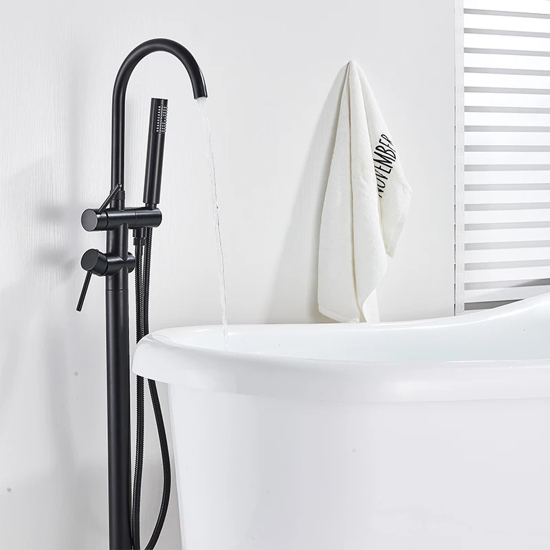 Shower Set Bathtub Faucet Shower Faucet Bathroom Matte Black Floor Standing Bathtub Faucet Shower Faucet 360 Rotation Swivel Spout With ABS Handshower Tap Mixer Shower