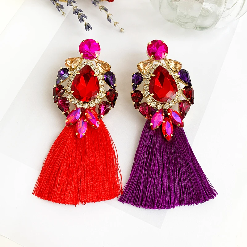 Handmade blue Big Crystal Flower Earring Vintage Ethnic Bohemian Rhinestone Long Tassel Drop Dangle Earrings for Women Jewelry