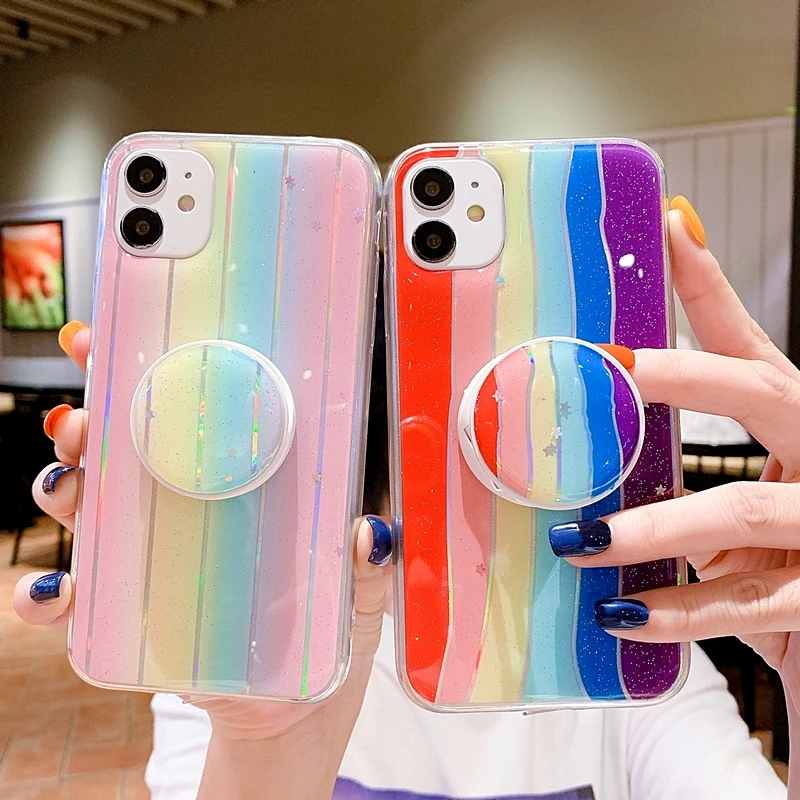 

Luxury Colorful Rainbow Glitter Holder Phone Case For iPhone 11 Pro Max Case SE 2020 XR X XS Max 7 8 Plus Soft Epoxy Stand Cover