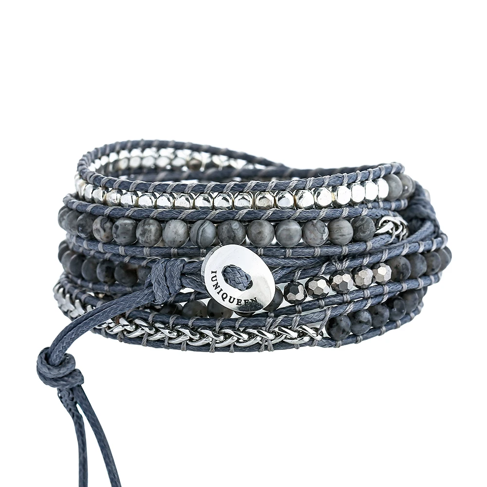 Natural Labradorite Wrap Bracelet - Handmade Grey Wax Rope  Stainless Steel Adjustable Boho Jewelry