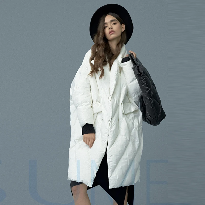 YNZZU, высокое качество,, зимний женский пуховик, Ретро стиль, рукав летучая мышь, белый утиный пух, пальто для женщин, теплая одежда оверсайз, A1425 - Цвет: Белый