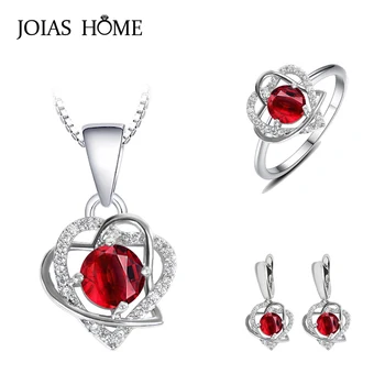 

JoiasHome Silver 925 Jewelry Set for Women Wedding Jewelry Ruby Heart shaped Ring Drop Earrings Necklace Women's Wear Jewelry