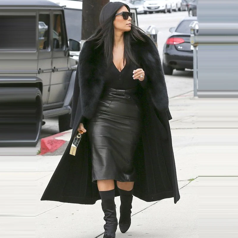 Frealux черное модное шерстяное длинное большое Пальто Куртка с натуральным лисьим меховым воротником из натуральной кожи женские пальто Роскошная зимняя