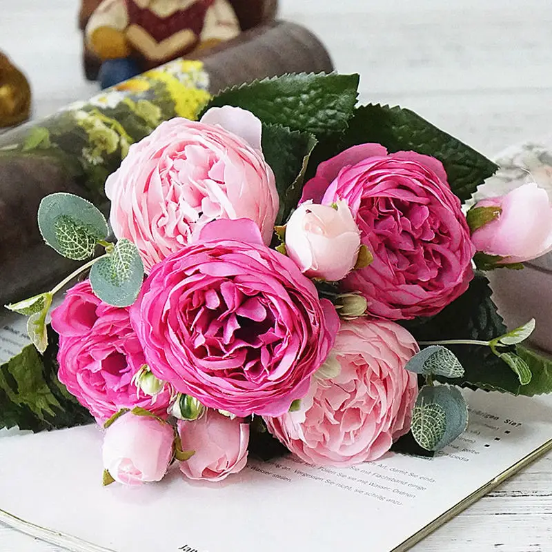 Красивая Роза Пион Искусственные Шелковые цветы маленький букет Флорес домашние вечерние Весенние Свадебные украшения Свадебный цветок - Цвет: rose and pink