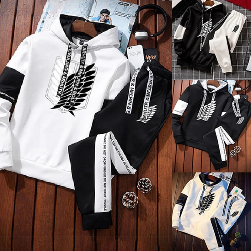 Men Casual Streetwear 2 Pieces Set Printed Tracksuit Pullover Sweatshirts Pants Joggers Hoodies Sportwear Suit