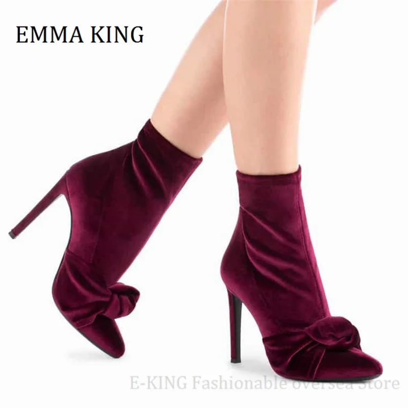 2021 Women Velvet Ankle Boots Female Pointed Toe 10cm Thin High Heels
