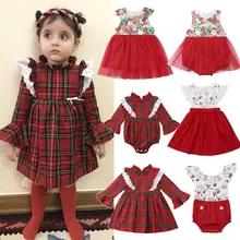 Рождественский костюм для маленьких девочек; хлопковый Детский комбинезон клетчатый комбинезон+ платье-пачка; одежда для сестры; Рождественская одежда